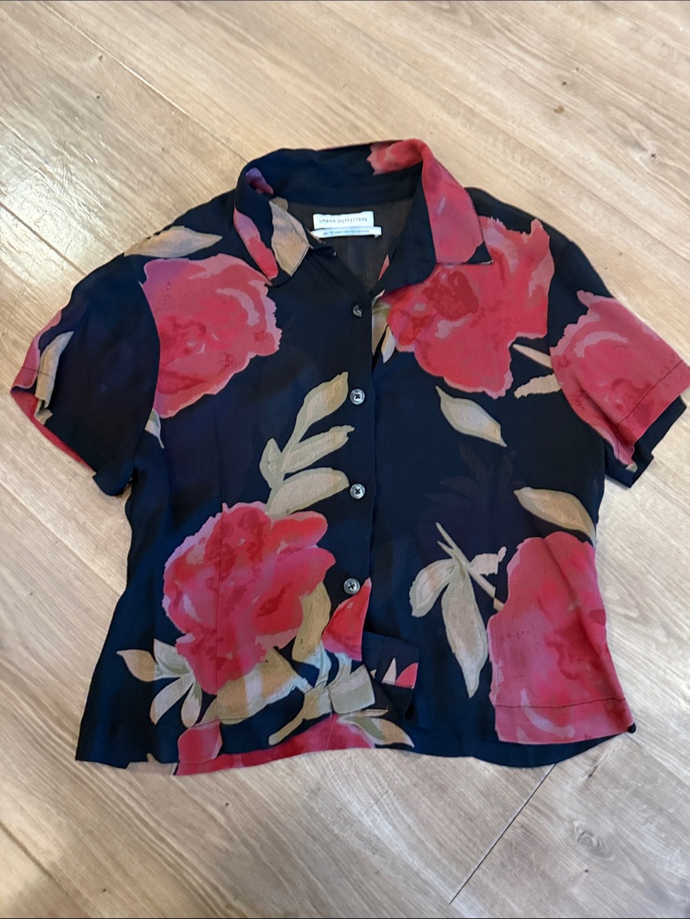 Urban Outfitters Black Button-Front Top with Red Floral Print